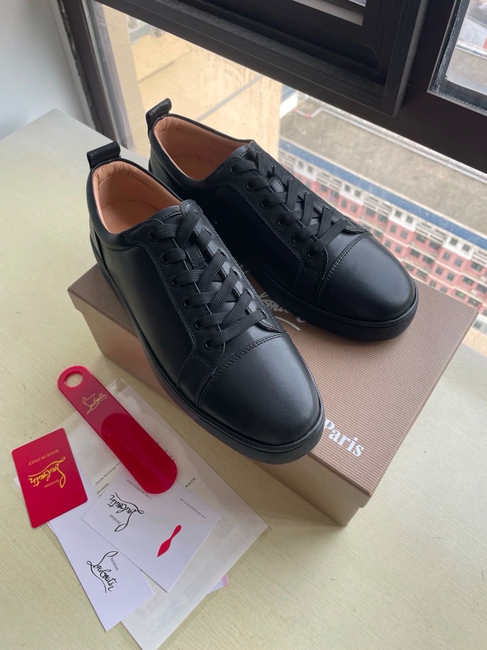 Christian Louboutin Men’s Black Leather Low-Top Sneakers with Tan Interior